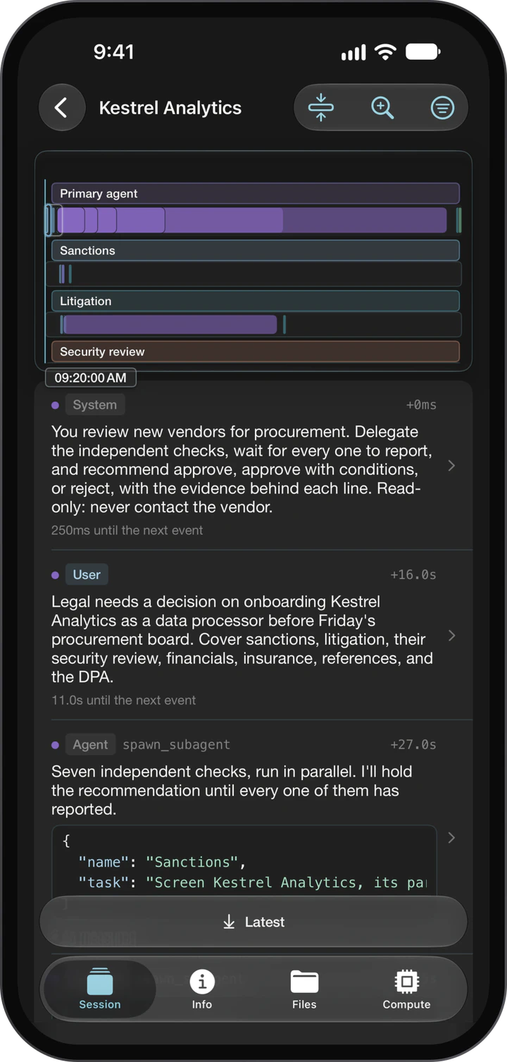 Recursion Managed Agents on iPhone: a vendor review session, with the main agent and each check on its own track